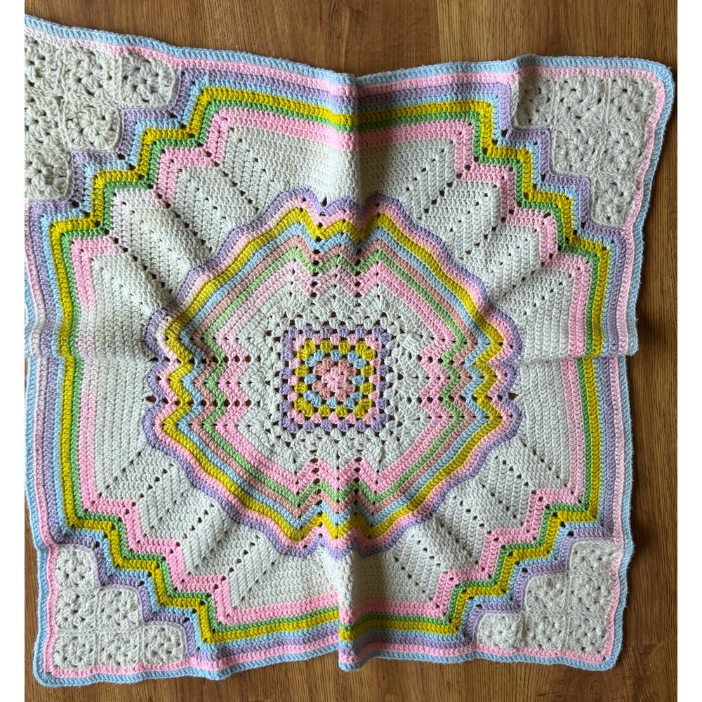 Vintage handmade pastel color crochet baby blanket